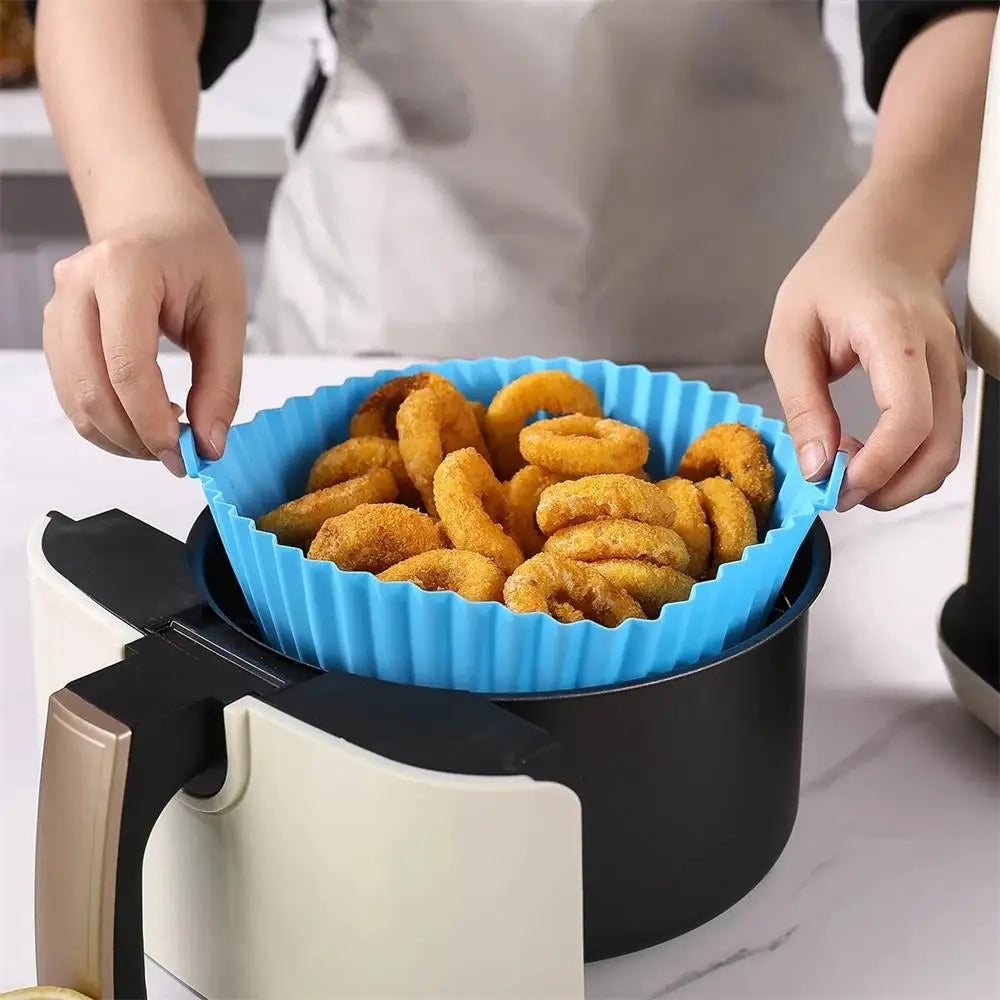 1PC Air Fryer Silicone Baking Tray Mat Circular High-Temperature Resistant Foldable Food Grade Double Ear Baking Tray