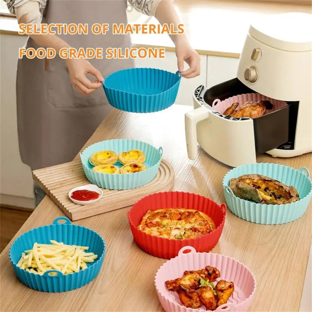 1PC Air Fryer Silicone Baking Tray Mat Circular High-Temperature Resistant Foldable Food Grade Double Ear Baking Tray