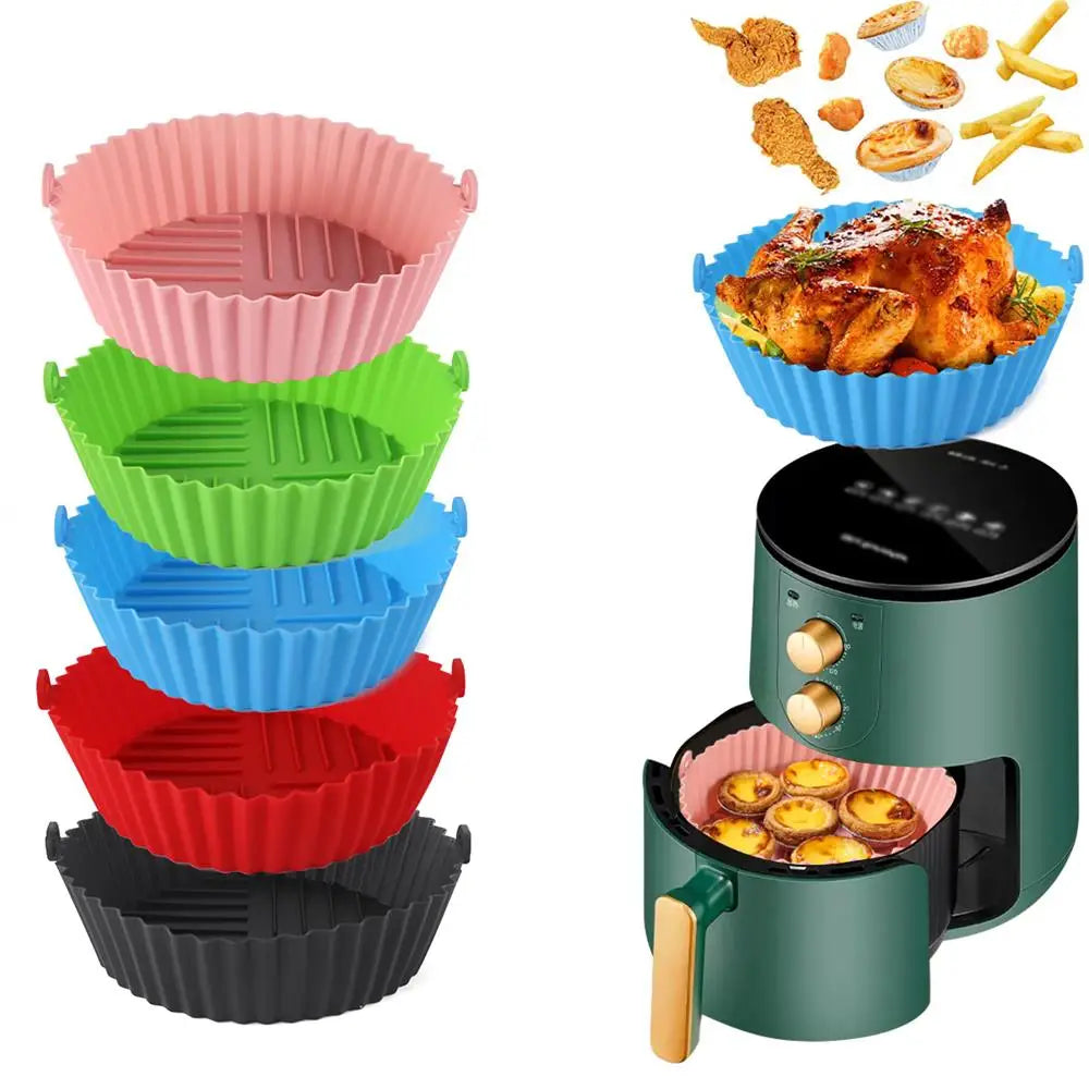 1PC Air Fryer Silicone Baking Tray Mat Circular High-Temperature Resistant Foldable Food Grade Double Ear Baking Tray