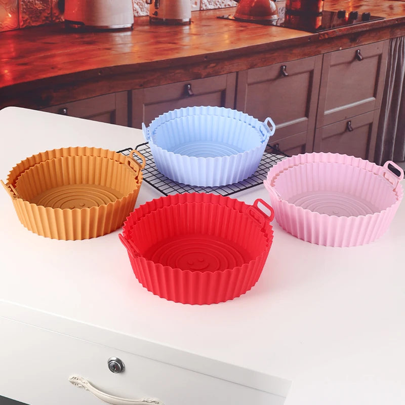 9 Inch Silicone Air Fryers Oven Baking Tray Pizza Fried Chicken Airfryer Silicone Basket Reusable Airfryer Pan Liner Accessories